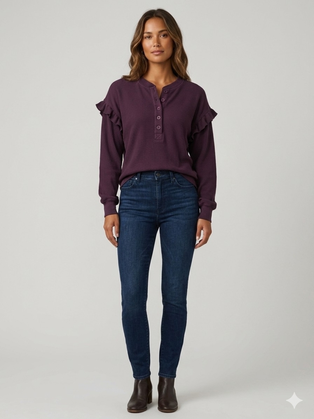 NWT Sundays NYC Farrah Plum Waffle Knit Ruffle Henley Long Sleeve Top S